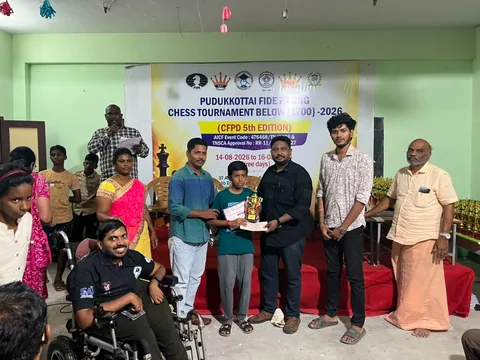 Ajay and Ashwin receiving prizes on stage at the Pudukkottai FIDE Rating Chess Tournament